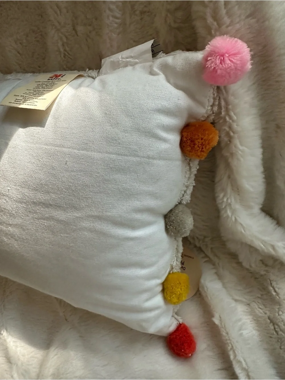 NWT Cozy Cream Sherpa Lumbar Pillow with Colorful Pom Trim